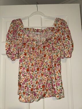 Floral Puff-Sleeve Peasant Top - Pink & Orange